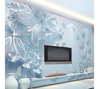 Wallpaper-3D-WYJ 3D Mural Wallpaper Blue Flowers Embossed Transparent Butterfly Mural Bedroom/Living Room Modern Decoration Interior Wallpaper Grey Wall Sticker border-350cm×256cm