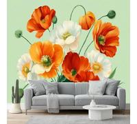 Wallpaper 400 x 280 cm Mural Poppies Flowers Art Wall Decals Baby Nursery Girls Bedroom Living Room Wall Decor Easy to Install Orange White