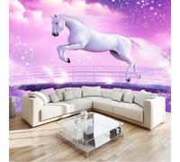 Wallpaper 98.4" x 68.8" Non-Woven Premium Art Print Fleece Wall Mural Fantasy Art Style White Horse Print Luxury Art Photo Mural Decor for Living Room Bedroom Office and Kids Room Purple