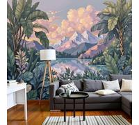 Wallpaper: A tranquil lake illustration, photo wallpaper: Tropical rainforest, non-woven wallpaper for bedroom and living room, green wall decoration wallpaper, wall covering, 150cm x 105cm