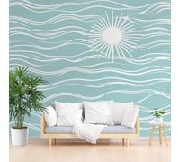 Wallpaper Abstract Geometric Stripe Blue Non-Woven Mural Wallpaper Wall Art Home Decor 250x175cm(W x H) Photo Wall Mural for Living Room Bedroom Children’s Room Decoration Wave Stripes Sun