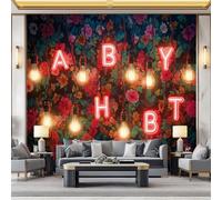 Wallpaper Abstract Retro, Murals Neon Lights Letters Flowers 200 X 140 Cm Home Décor Wallpaper Red for Bedrooms Hallways Restrooms Or Lounges - Trendy Stylish Feature Wall