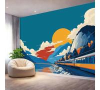 Wallpaper Anime Trains Mountains Lakes Wall Murals Photo Wallpaper, Blue Orange Decor Wall Mural for Living Room Bedroom Children's Room Home Decoration, 200 x 140 cm