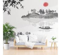 Wallpaper Art Photo Lake Island Boat Gray 350x256cm(W x H) Mural Wallpaper Non-Woven Poster Picture Photo Modern Decorative Ink Painting Scenery for Living Room Bedroom Wall Decoration