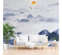 Wallpaper Art Photo Misty Mountain Sunset Scenery 200x140cm(W x H) Mural Wallpaper Non-Woven Poster Picture Photo Modern Decorative Natural Scenery Blue for Living Room Bedroom Wall Decoration