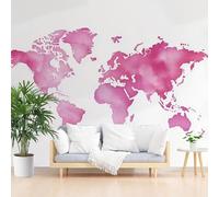 Wallpaper Art Photo Watercolor World Map Red 300x210cm(W x H) Mural Wallpaper Non-Woven Poster Picture Photo Modern Decorative Painted Map for Living Room Bedroom Wall Decoration