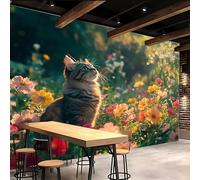 Wallpaper Bedroom 350x260cm Cat Flower Bush Floral Wallpaper Seamless Multi-Panel Art Set Made from Oil Canvas, Perfect for Minimalist Living Spaces EB24-4507