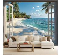 Wallpaper Bedroom 500x280cm Beach with Coconut Trees Outside The Window Girls Wallpaper Oil-Textured Canvas Wall Panels, Seamless Edge Alignment for Refined Living Room Settings EB24-4870