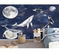 Wallpaper Blue Whale And Killer Whale Full Moon Wall Mural 400x280cm, Navy Blue Custom Panoramic Photo Mural - Animal Cosmic Wind1 Decoration Picture Poster Wallpaper for Living Room Kids Bedroom