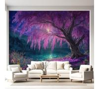 Wallpaper Botanical Anime Style Night Scene 200 x 140 cm Non-Woven Wall Mural, DIY Willow Tree Flowers Lake Wallpaper Mural, Living Room Bedroom Backdrop TV, Art Poster Mural Wallpaper