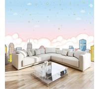 Wallpaper Cartoon City, Mural Streets Buildings 400 X 280 Cm Wallpaper Self Adhesive Light Blue for Adults Bedroom Living Room Cabinets Bathroom Decor - PVC Vinyl Modern Furniture Wall Sticker