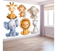 Wallpaper Cartoons Animals, Murals Elephant Giraffe Lion Monkey 400 X 280 Cm Premium Non-Woven Wallpaper White for Boys Girls Bedroom Playroom - Waterproof Nursery Decor Self Adhesive Vinyl Murals