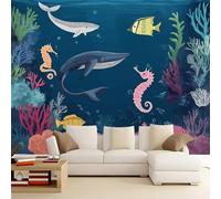 Wallpaper Dark Blue Non-Woven Print Wall Mural Deco - Marine Animals Coral Seahorse Photo Wall Paper for Living Room Kitchen Bedroom 350 x 256 cm (W x H) 3D Panoramic Home Decoration
