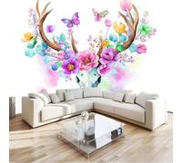 Wallpaper Dark Romantic, Murals Flowers Deer Skull Butterfly 400 X 280 Cm Premium Non-Woven Wallpaper White for Boys Girls Bedroom Playroom - Waterproof Nursery Decor Self Adhesive Vinyl Murals