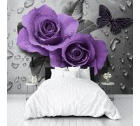 Wallpaper Dew Rose Flower Butterfly Non-Woven Feature Wallpaper Natural Floral Butterflies Theme Poster Mural for Living Room Bedroom Restaurant 450x315cm(W x H) Wall Decoration Wall Mural