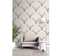 Wallpaper Empire Nina Hancock Designer Geometric Stag Beige Linen and Taupe Heads Wallpaper