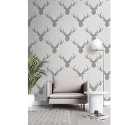 Wallpaper Empire Nina Hancock Designer Geometric Stag White Linen and Grey