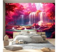 Wallpaper Fantasy Landscape Print Wall Mural 3D Photo Removable Peel and Stick Self-Adhesive 400 x 280 cm, Silk Fabric for Living Room Bedroom Nursery Home Decoration - Pink Waterfall Jungle Rocks