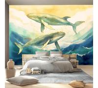Wallpaper Fantasy Print Wall Mural 3D Photo Removable Peel and Stick Self-Adhesive 350 x 256 cm, Silk Fabric for Living Room Bedroom Nursery Home Decoration - Blue-Green Hand-Painted Whale Waves