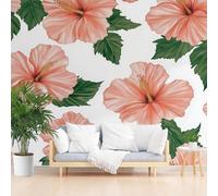 Wallpaper Floral Hibiscus Red Non-Woven Feature Wallpaper Nature Floral and Leaves Theme Poster Mural for Living Room Bedroom Restaurant 365x254cm(W x H) Wall Decoration Wall Mural