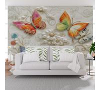 Wallpaper for Bedroom Wall Art Murals, Luxury Vintage Pearl Butterfly 500x317cm(W x H) Non-Woven Photo Wallpaper 3D Effect, Painted Plants Flowers Butterfly Wall Mural Wallpapers for Living Room