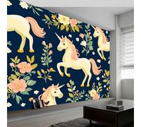 Wallpaper for Living Room, Cartoon Unicorn Plants Wall Art for Bedroom, Navy Blue Wall Murals for Bedrooms, Non-Woven Premium Fleece Waterproof Photo Wallpaper 3D, 400 x 280 cm