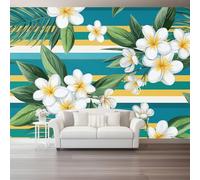 Wallpaper for Living Room Tropical Frangipani Stripes Wall Murals for Bedrooms 300 x 210 cm Large Photo Wallpaper for Living Room Bedroom Kitchen Office Kids Blue