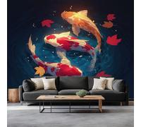 Wallpaper Mural 3D Panoramic Photo Mural 150 x 105 cm Chinese Style Fish Pond Backdrop Wall Interior Decor Wallpaper, Black 3D Effect Poster Decoration for Bedroom Living Room