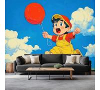 Wallpaper Mural 3D Panoramic Photo Mural 200 x 140 cm Cartoon Little Boy Balloon Grass Backdrop Wall Interior Decor Wallpaper, Blue 3D Effect Poster Decoration for Bedroom Living Room