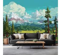 Wallpaper Mural 3D Panoramic Photo Mural 200 x 140 cm Cartoon Mountains Forests Streams Backdrop Wall Interior Decor Wallpaper, Blue 3D Effect Poster Decoration for Bedroom Living Room
