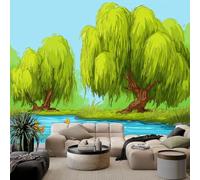 Wallpaper Mural 3D Panoramic Photo Mural Cartoon Willow Tree Duck River Water Green Backdrop Wall Interior Decor Wallpaper, 200 x 140 cm 3D Effect Poster Decoration for Bedroom Living Room