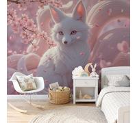 Wallpaper Mural 3D Panoramic Photo Mural Cherry Blossom White Fox 300X210Cm