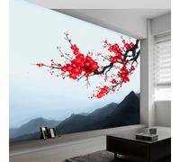Wallpaper Mural 3D Panoramic Photo Mural Ink Painting Of Mountains And Plum Blossoms Light Blue Backdrop Wall Interior Decor Wallpaper, 200 x 140 cm 3D Effect Poster Decoration for Bedroom Living Room