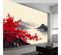 Wallpaper Mural 3D Panoramic Photo Mural Japanese Landscape and Flower Paintings Cream Backdrop Wall Interior Decor Wallpaper, 300 x 210 cm 3D Effect Poster Decoration for Bedroom Living Room