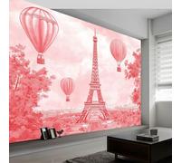 Wallpaper Mural 3D Panoramic Photo Mural Landscape Eiffel Tower Hot Air Balloon Pink Backdrop Wall Interior Decor Wallpaper, 250 x 175 cm 3D Effect Poster Decoration for Bedroom Living Room