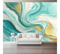 Wallpaper Mural Affordable Luxury Style Cyan Flowing Patterns Gold Spots Photo Wallpaper Wall Mural Wall Covering for Living Room Bedroom Office Home Interior Decoration 400 X 280 Cm