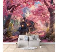 Wallpaper Mural Art Flowers Print Photo Wallpaper, Non-Woven Wall Paper, Steam Train Pink Flowers Decoration Poster Picture Modern Mural 150 x 105 cm for livingroom Bedroom A-W-0887-3S