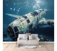 Wallpaper Mural Art Submarine Aircraft Print Photo Wallpaper, Non-Woven Wall Paper, Undersea Plane Wreckage Decoration Poster Picture Modern Mural 150 x 105 cm for livingroom Bedroom A-W-0887-3S