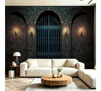 Wallpaper Mural, Brick Wall with Archway & Wrought Iron Gate Decoration Wall CoveringWallpaperGothic Revival Art for Living Room, Bedroom, Office, Meditation Dark400 x 280 cm
