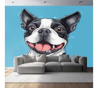 Wallpaper Mural Cartoon Style Panoramic Custom Photo Wallpaper Mural 138" x 101"/350 x 256 cm(WxH) Boston Terrier Pattern Decor for Living Room Bedroom and Kids Room Easy to Install, Light Blue