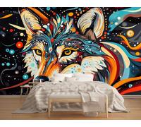 Wallpaper Mural Colorful Graffiti Wolf 300x240cm,Abstract Painting Photo Wallpaper Silk Cloth Wall Art for TV Background Bedroom Office