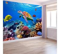 Wallpaper Mural Coral Reef and Fish Pattern Panoramic Custom Photo Wallpaper Mural 350 x 256 cm Underwater Natural Style Decor for Living Room Bedroom and Kids Room Easy to Install, Blue