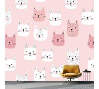 Wallpaper Mural Cute Hand-Drawn Style Panoramic Custom Photo Wallpaper Mural 138" x 101"/350 x 256 cm(WxH) Cat Face Pattern Decor for Living Room Bedroom and Kids Room Easy to Install, Pink