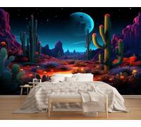 Wallpaper Mural Desert Cactus 400x280cm,Full Moon Night Sky Photo Wallpaper Silk Cloth Wall Art for TV Background Bedroom Office
