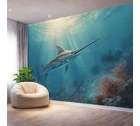 Wallpaper Mural Fantasy Deep-Sea Swordfish Hand-Drawn,Blue Print Photo Wallpaper Non-Woven Wall Mural, for Living Room Bedroom Children's Room Poster Decor 350 x 256 cm（WxH