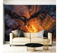Wallpaper Mural, Fire Dragon Skyscraper Fire Breath Decoration Wall CoveringWallpaper Wall Sticker Dark Mythical Fantasy Art for Living Room, Bedroom, Office, Meditation Charcoal Black350 x 256 cm