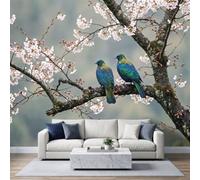 Wallpaper Mural for Living Room 400 x 280 cm Countryside Animals Birds Cherry Blossoms Poster Wall Mural Non-Woven Photo Wallpaper, Modern Bedroom Kids Room TV Background Wall Decor, Gray Green
