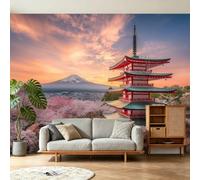 Wallpaper Mural Japanese Landscape Photo Wallpaper Pagoda Mount Fuji Floral Wall Mural Non-Woven Premium Art Print Decoration Poster Picture for Living Room Bedroom, 200 x 140 cm