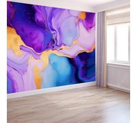 Wallpaper Mural Liquid Marble Patterns Panoramic Custom Photo Wallpaper Mural 400 x 280 cm Abstract Style Decor for Living Room Bedroom and Kids Room Easy to Install, Purple Gold