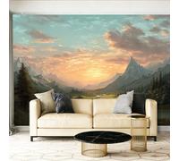 Wallpaper Mural, Mountains Rivers Clouds Decoration Wall CoveringWallpaper Wall Sticker Impressionist Art Art for Living Room, Bedroom, Office, Meditation Sage Green400 x 280 cm